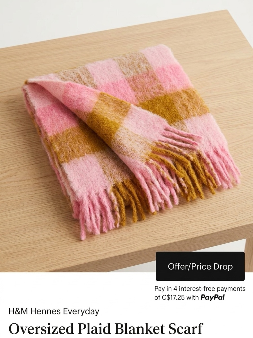H&M Oversized Plaid Blanket Scarf Pink & Brown Ultra Warm Fluffy Fringed EUC